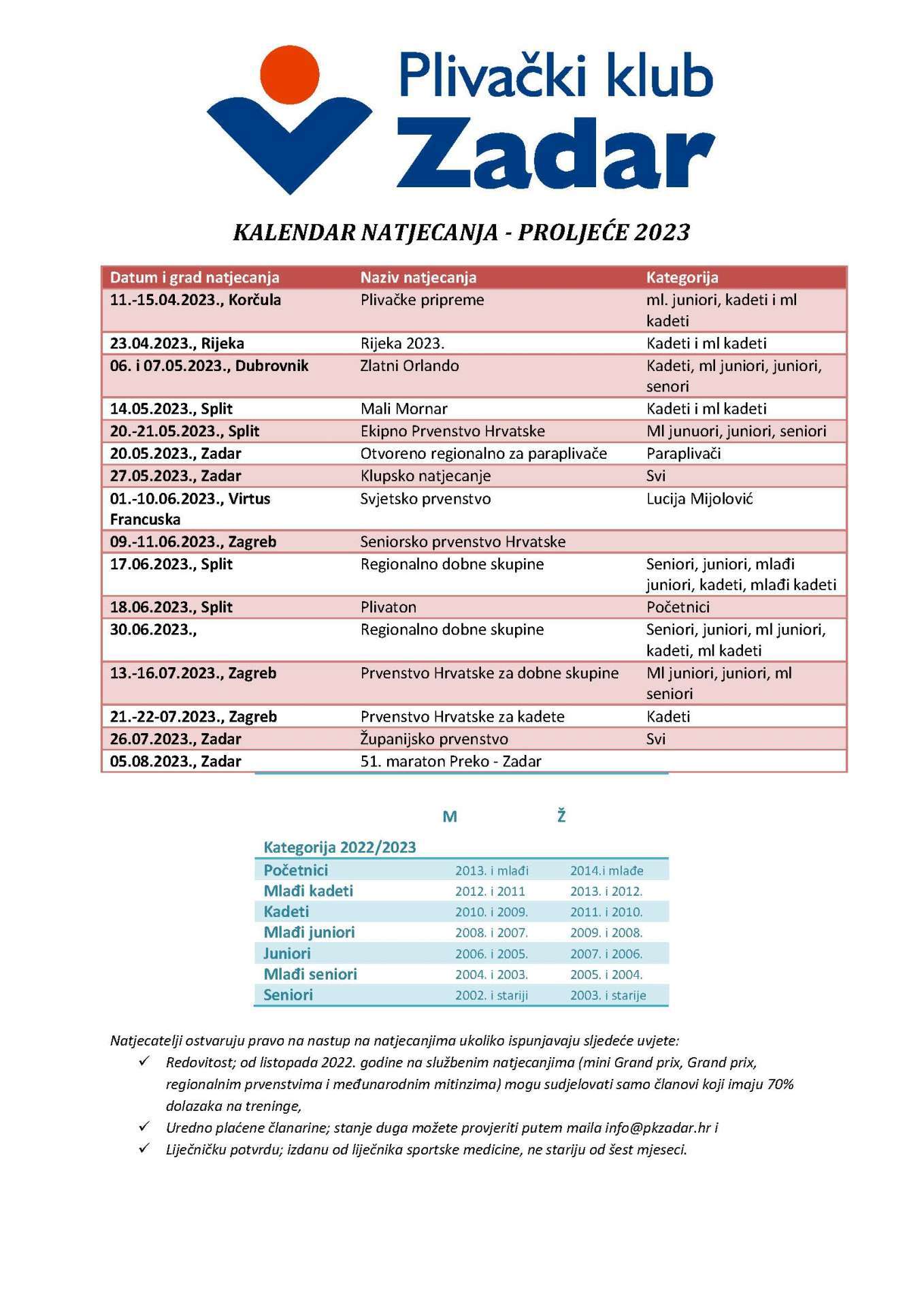 Kalendar natjecanja PROLJEĆE/LJETO 2023