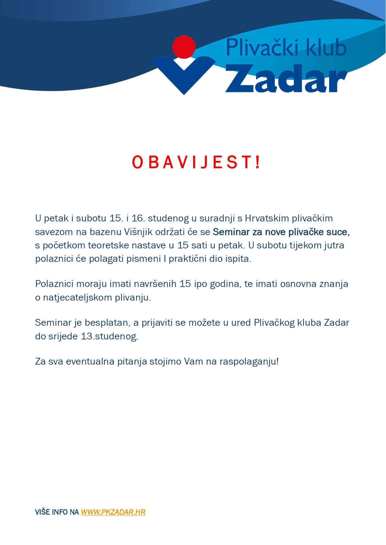 OBAVIJEST O ODRŽAVANJU SEMINARA ZA PLIVAČKE SUCE